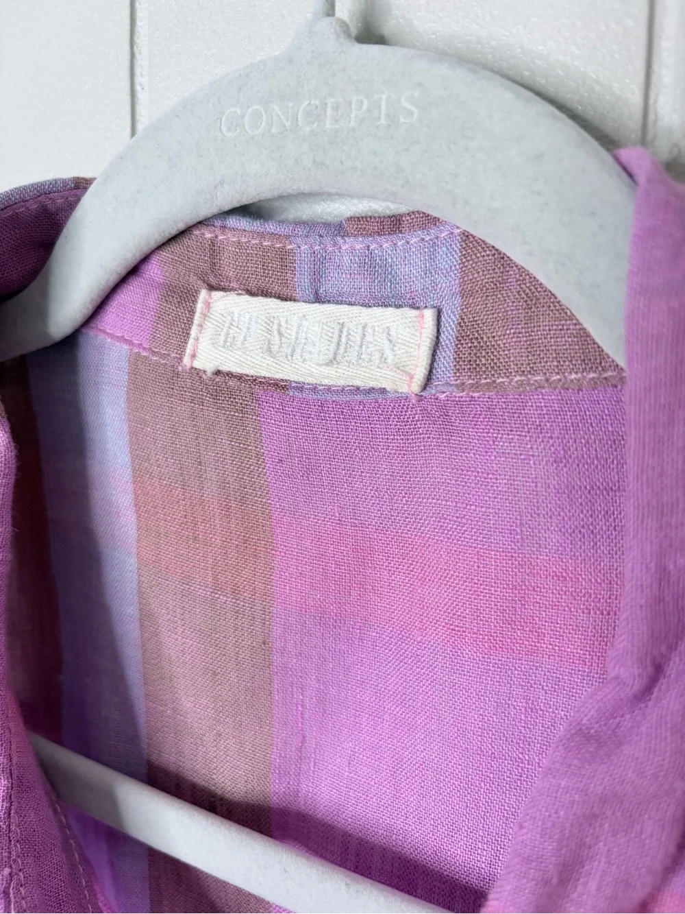 CP Shades 100% Linen Plaid Madras Button Down Shirt Fuschia Tan Women’s Large - Picture 3 of 8